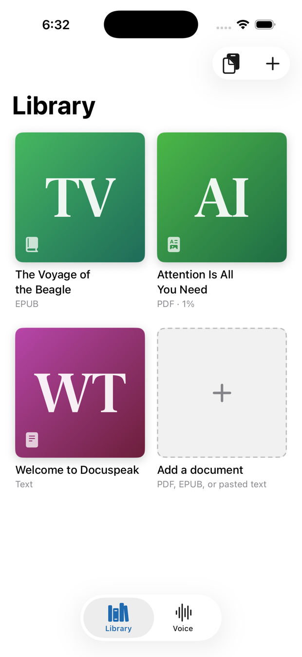 The Docuspeak library showing document cards for an EPUB, a PDF and a text document, with an add-a-document card.