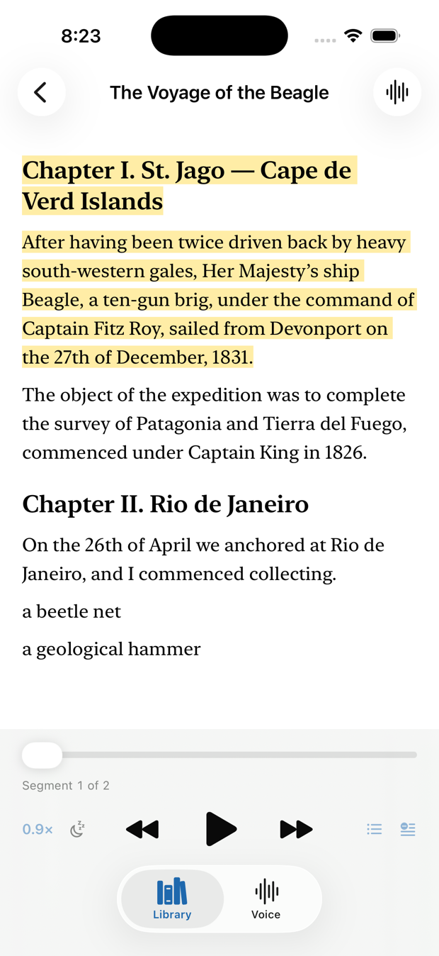 The Docuspeak reader showing a chapter of The Voyage of the Beagle, with the sentence currently being spoken highlighted in amber.